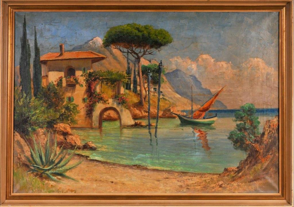 Painting of Mediterranean Scene: Continental school, early to mid 20th century, oil on canvas depicting a Mediterranean coastal scene with sailboat and home, unsigned, painted wood frame; sight 37 1/2"W x 25 1/2"H; frame 41 1/4"W x 2