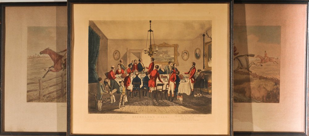 Pr. Henry Alken Hand Colored Lithographs + Other: Lot contains three 19th century hand colored lithographs----Pair of fox hunting lithographs after Henry Thomas Alken (British, 1785-1851): Plate 4, "Going Over a Difficulty / Sweeping a Brook" and Pla