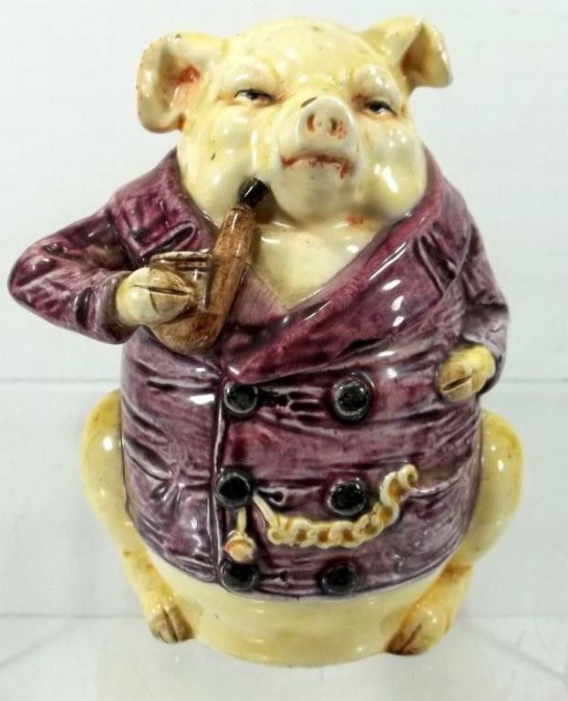 Majolica Humidor: Pipe smoking pig in smoking jacket. Old chip on lid. Measures approx. 6"H. x 5"W.