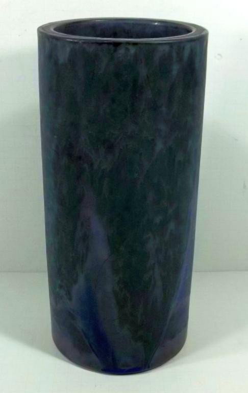 Art Pottery Cylinder Vase: Unmarked, believed to be Carnelian by Roseville c. 1910. Tight hairline from rim. Measures approx. 12 "H. x 5.75"D.