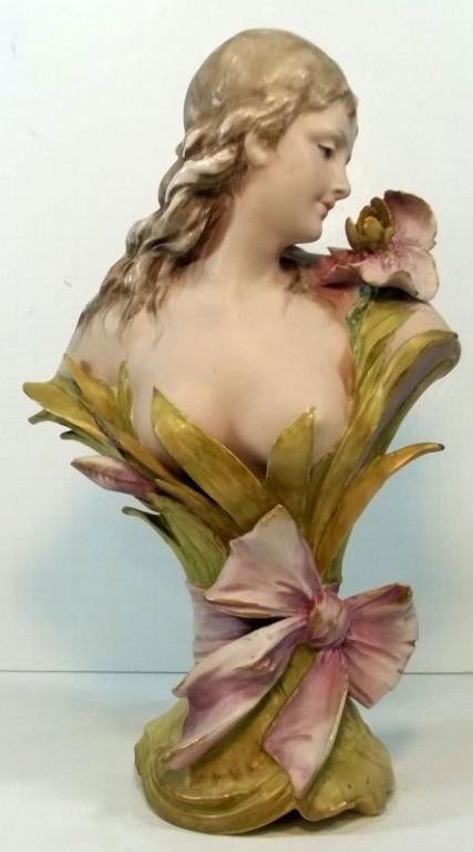Art Nouveau Amphora Bust c1905: Turn-Teplitz Bohemia by Riessner, Stellmacher & Kessel Amphora Co. Made in Austria (1905-1910). Minor flakes. Measures approx. 14.5" tall.