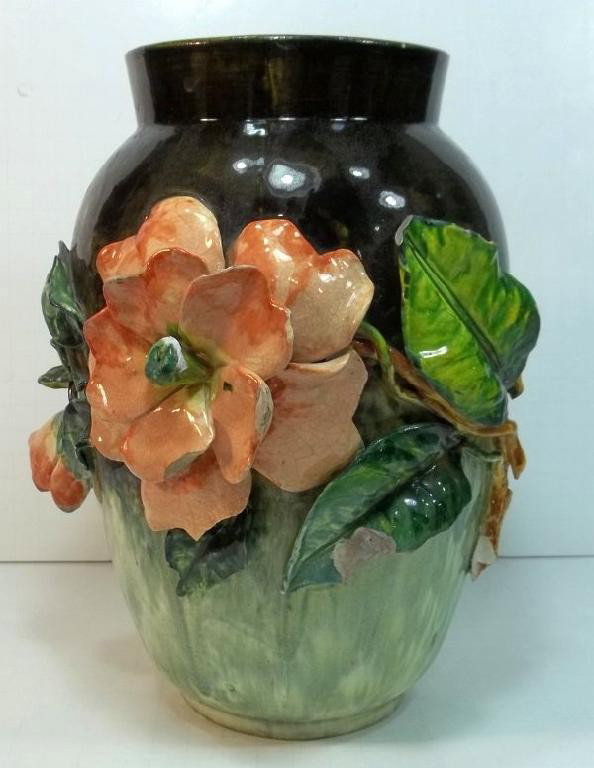 Victorian Majolica Vase c1880: Marked FMCo, Faience Manufacturing Company Greenpoint N.Y. Chips on leaves and flowers. Measures approx. 10" tall.