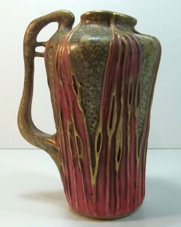 Art Nouveau Amphora Jug c1900: Naturalistic form. Turn-Teplitz Bohemia by Riessner, Stellmacher & Kessel Amphora Co. Made in Austria. Measures approx. 8.75" tall.