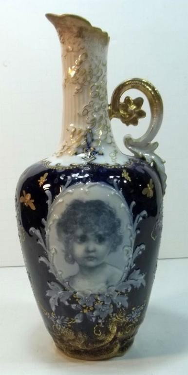 Victorian Ewer c1900: Turn-Teplitz Bohemia by Riessner, Stellmacher & Kessel Amphora Co. Made in Austria. Measures approx. 11" tall.