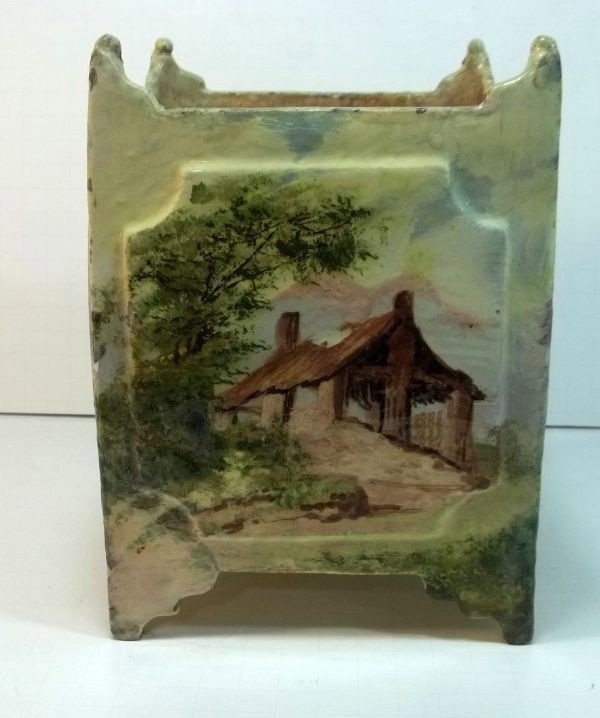 Emile Galle Faience Box Planter c1880: Raised EG signature, artist signed, landscape scene. Major restoration. Measures approx. 7.75" tall and 5.5" square.