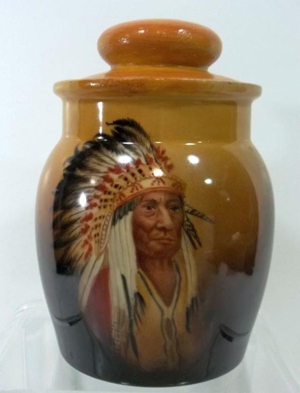 Limoges American Indian Motif Tobacco Jar: Marked AK France. c1930. Repaired lid. Measures approx. 7.75" tall.