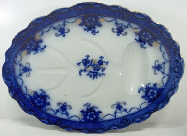 Flow Blue Staffordshire Meat Platter: Ford & Sons. Burslem "Trent" Measures approx. 20.5"x 15 ". Please Note: This one owner Flow Blue collection is generally in very good condition. However you must expect the imperfections and flaws typ