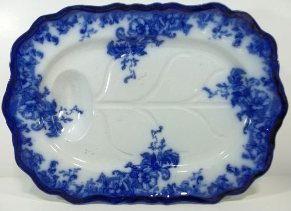 Flow Blue Staffordshire Meat Platter: Wedgwood & Co., England. "Montrose." Measures approx. 20" x 13.75". Please Note: This one owner Flow Blue collection is generally in very good condition. However you must expect the imperfections and