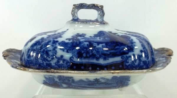 Flow Blue Staffordshire Covered Vegetable Dish: W. Adams & Co. England, "Fairy Villa", stone china, c1890. Measures approx. 12.5" long. Please Note: This one owner Flow Blue collection is generally in very good condition. However you must expect th