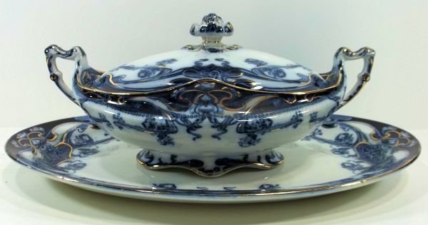 Flow Blue Staffordshire Platter & Covered Veg.: Royal Staffordshire Pottery, Burslem, England, "Iris." c1900. Platter measures approx. 16.5" long and covered vegetable measures 13" long. Please Note: This one owner Flow Blue collection is generally
