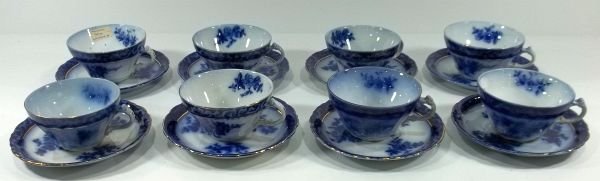 8-Flow Blue Staffordshire Cups & Saucers: Stanley Pottery Co. England "Touraine." c1900. Saucers measure approx. 6" diameter and cups 2.25" tall. Please Note: This one owner Flow Blue collection is generally in very good condition. However yo