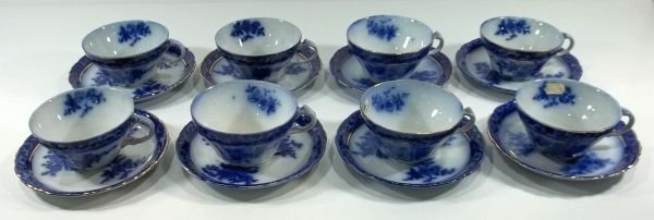 8-Flow Blue Staffordshire Cups & Saucers: Henry Alcock & Co. England, "Touraine." c1900. Saucers measure approx. 6" diameter and cups 2.25" tall. Please Note: This one owner Flow Blue collection is generally in very good condition. However yo
