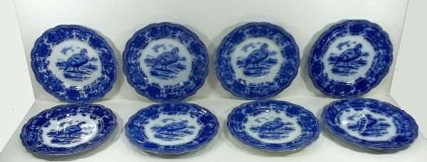 8-Flow Blue Staffordshire Plates: England, John Ridgeway "Turkey." c1890. Measures approx. 10" diameter. Please Note: This one owner Flow Blue collection is generally in very good condition. However you must expect the imperfections a