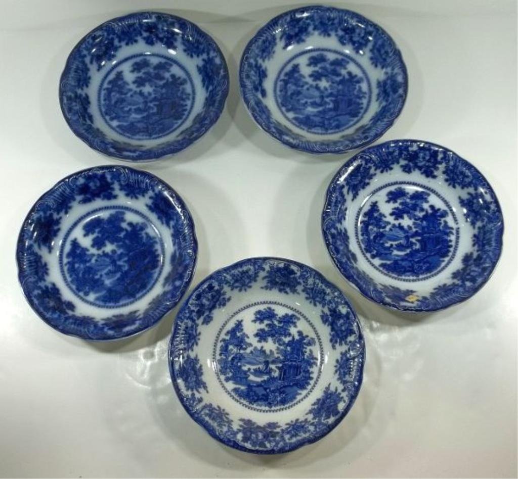 5-Flow Blue Staffordshire Bowls: W. Adams & Co. England, "Fairy Villa." c1890. Measures approx. 10.25" diameter. Please Note: This one owner Flow Blue collection is generally in very good condition. However you must expect the imperf