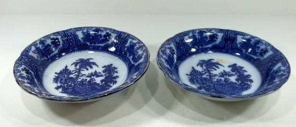 2-Flow Blue Staffordshire Serving Bowls: W. Adams & Co. England, "Kyber." c1880. Measures approx. 10" diameter. Please Note: This one owner Flow Blue collection is generally in very good condition. However you must expect the imperfections a