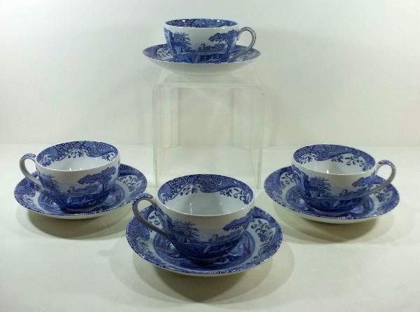 Spode "Italian" Large Cups 20th Century: Four large soup cups 5.5" diameter and deep saucers 9" diameter.