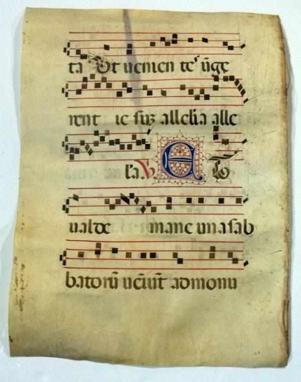 Illumianted Carthusian Leaf 1350 A.D.: Colorful vellum leaf in red, blues and black ink. The Carthusian Order, also called the Order of Saint Bruno, is a Roman Catholic religious order of enclosed monastics. The order was founded by Saint 
