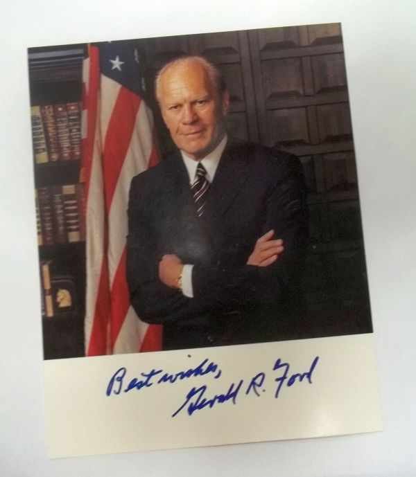 Gerald Ford Autograph: Autographed 8x10 colored photo boldly signed Best Wishes Gerald R. Ford. Gerald Rudolph "Jerry" Ford, Jr. (born Leslie Lynch King, Jr.; July 14, 1913 – December 26, 2006) was the 38th President of t