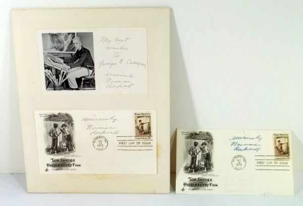 Norman Rockwell Autographs: A 3 X 5 Photo of Norman as His Drawing Board and Boldly Inscribed: My Best Wishes, To George Creegan Sincerely, Norman Rockwell And also 2 Tom Sawyer, Huckleberry Finn First Day Covesr and Postmarked 