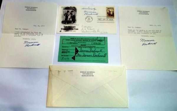 Norman Rockwell Autograph Lot: 2 Five Line Notes on Norman Rockwell’s Stock Bridge, Massachusetts Stationary. One Dated Sept 11th, 1973 and Both Signed Boldly by Norman Rockwell. A First Day Cover Honoring Tom Sawyer and Hucklebe