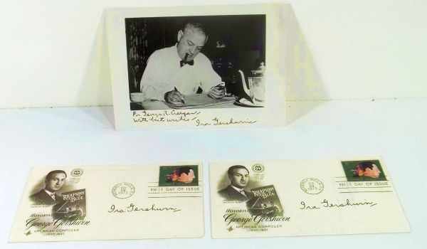 3 Ira Gershwin Autographs: A 4 X 6 Matte Photo of Ira at his Desk and Boldly Inscribed: For George R. Creegan With Best Wishes, Ira Gershwin. 2 First Day Covers Honoring George Gershwin, Iras Brother, and Postmarked Feb.28, 1