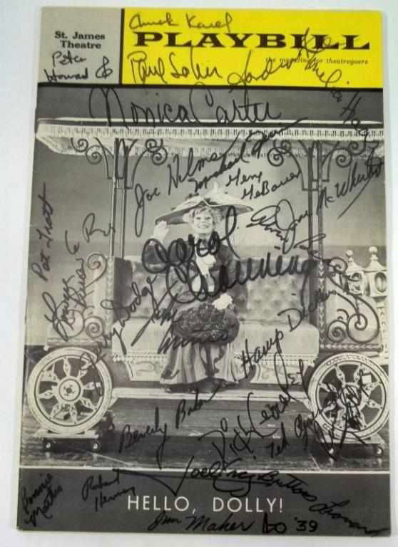 “Hello Dolly” Signed Broadway Playbill: “Hello Dolly” St. James Theatre Sept 1964. Signed by the Entire Cast: Carol Channing, David Hartman, Alice Layton, Charles Nelson Reilly and Eileen Brennan. Over 25 Signatures and over 20 on the P