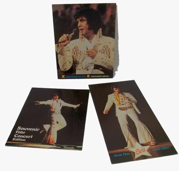 Elvis Presley Lot: Elvis Presley Two Souvenir Photo Concert Programs, plus One Las Vegas Hilton Souvenir Menu Picturing Elvis.
