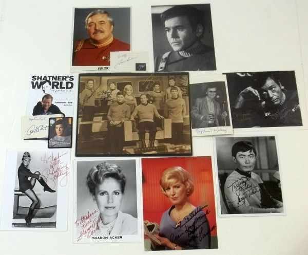 Star Trek Autographs: Signed 3x5 card "William Shatner. Shatners World mailer Star Trek the Motion Picture patch, William Statner fan club form. Signed DeForest Kelley (McCoy)8x10 black and white photo and "The Bird's Drea
