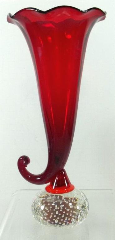 Pairpoint Glass Trumpet Vase: Ruby on controlled ball base. Measures approx. 11" tall.