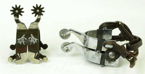 Two pair Kelly spurs, 1 set used with chrome: Two pair Kelly spurs, 1 set used with chrome finish and leather straps, second unused with mounted shooter and silver overlay, 10 point rowels in copper color finish.