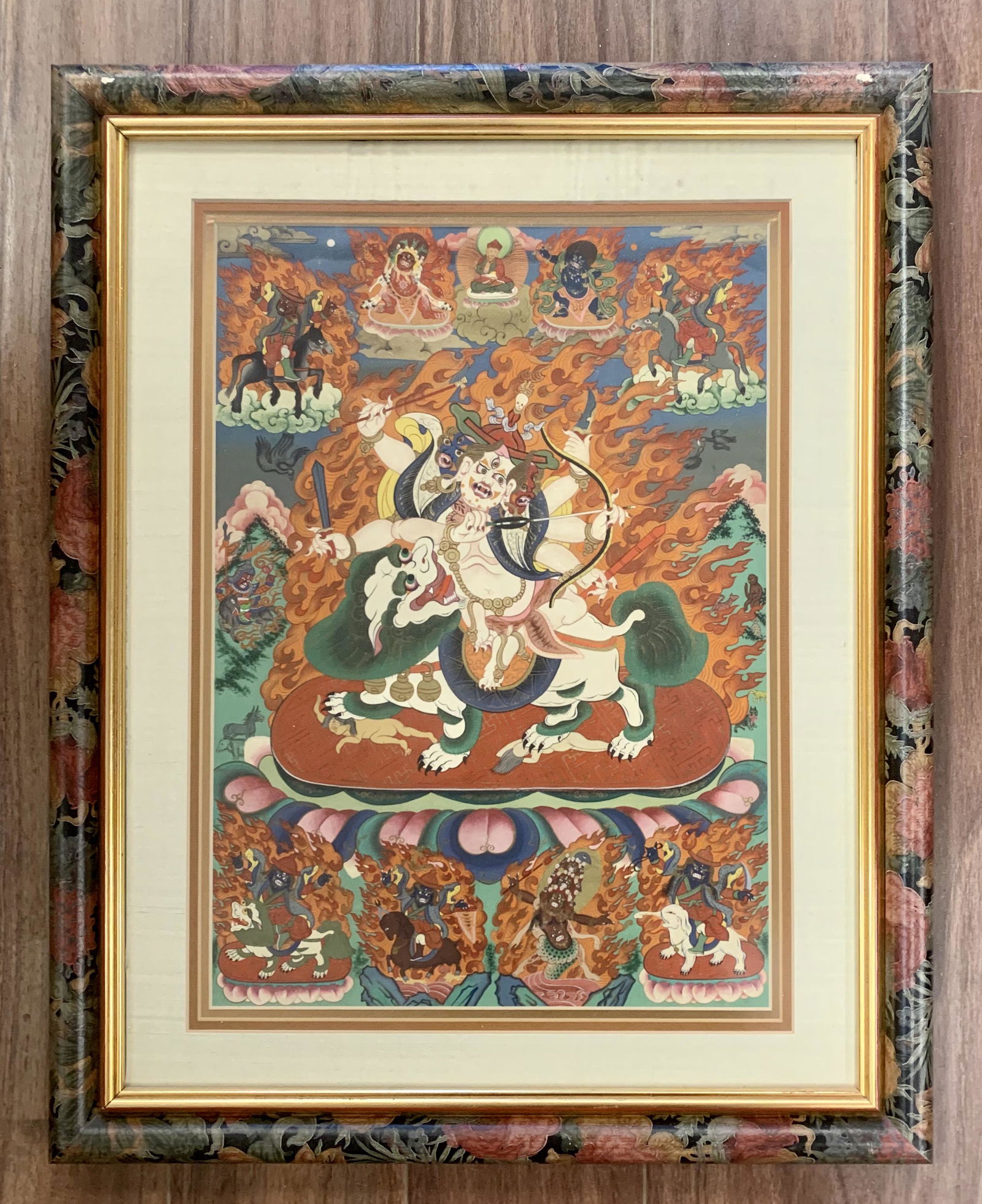 Asian Foo Dog Print: A very Colorful depiction of a warrior with a Bow and Arrow on the back of a Foo Dog and many other animals and figures throughout 25"h 22"w