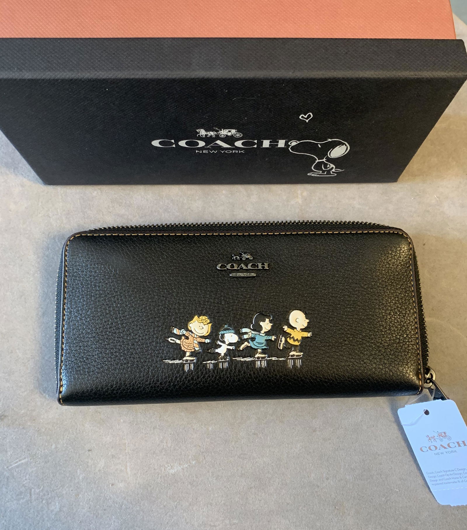 Coach Snoopy Wallet: Coach Wallet with Tags, Snoopy and the Crew ice skating OG Box, 3.5''x7.5''