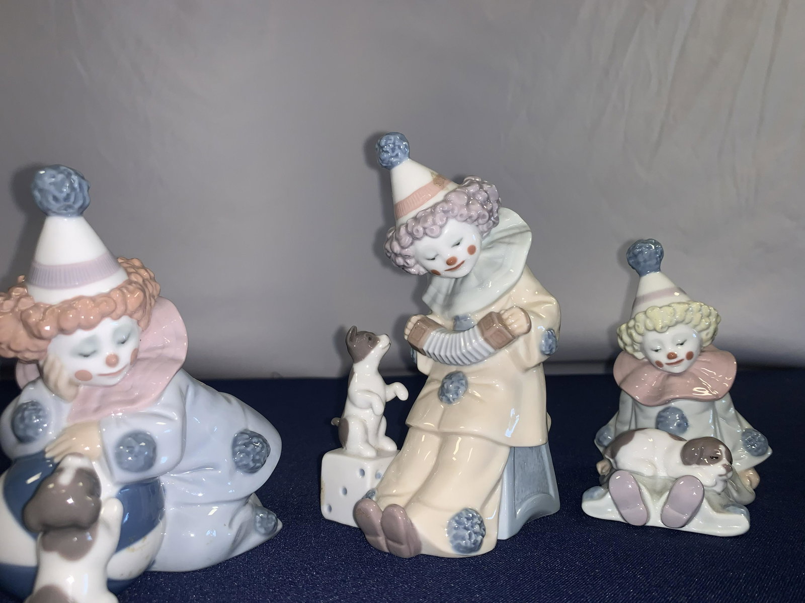 Lladro Clowns: 3 Lladro Clowns playing with puppies, No chips or cracks, 4.5-6''tall