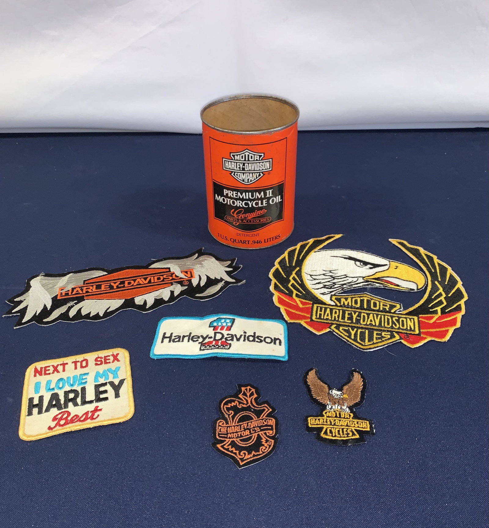Harley Davidson Oil Can and Patches Lot: Harley Davidson Motorcycle Oil Can, Various Harley Davidson Patches
