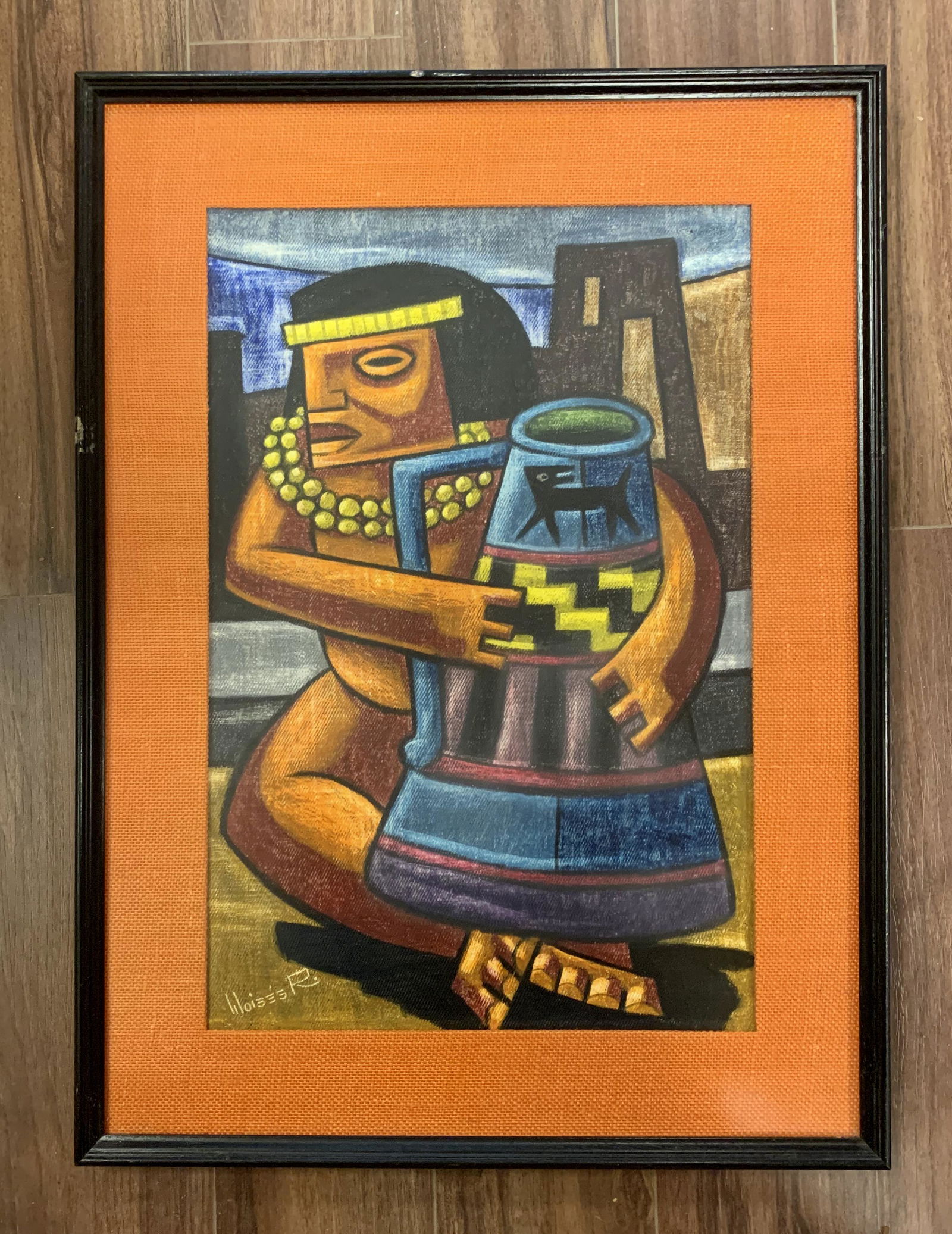Raphael Moises Painting: Artist Raphael Moises Mixed Med. Painting depicting a Pre-Columbian Figure of a Man and a Drum, signed lt.. Bottom ,20.5" h 27" w, Black Frame