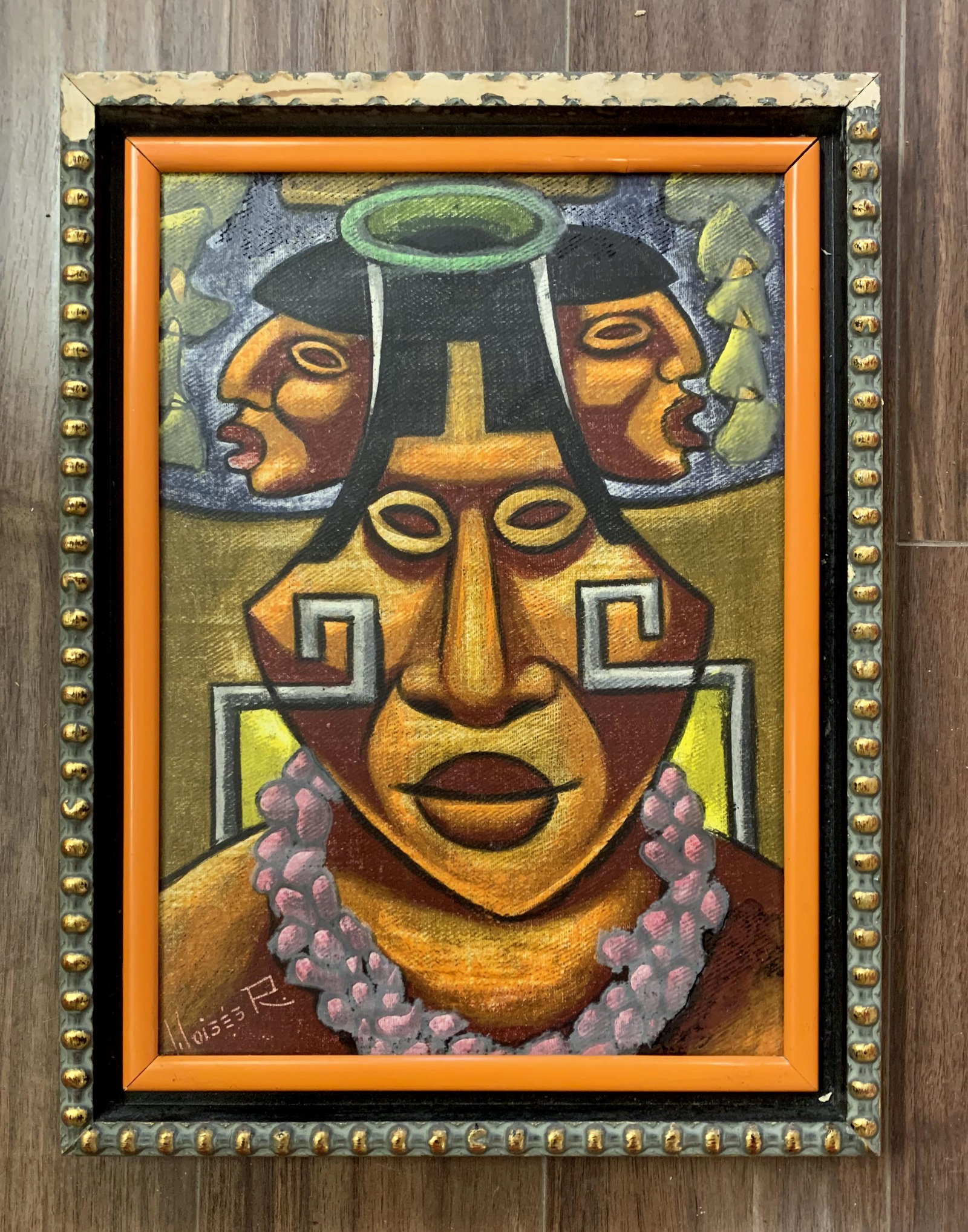 Raphael Moises Painting: Artist Raphael Moises Mixed Med. Painting depicting a Pre- Columbian double headed Man, Frame slightly damaged on top, 16.5" h 12.5" w