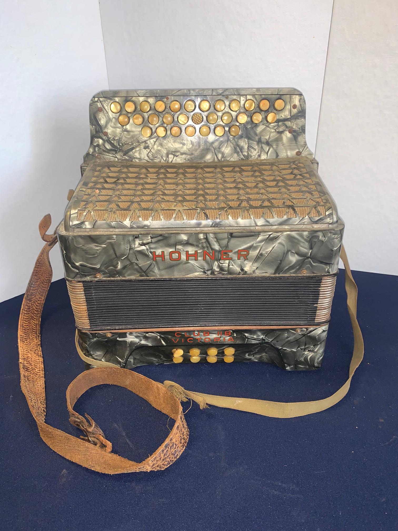 Hohner Accordion: Vintage Hohner Accordion, Club 11B Victoria, with strap with wear, Black Pearl Design