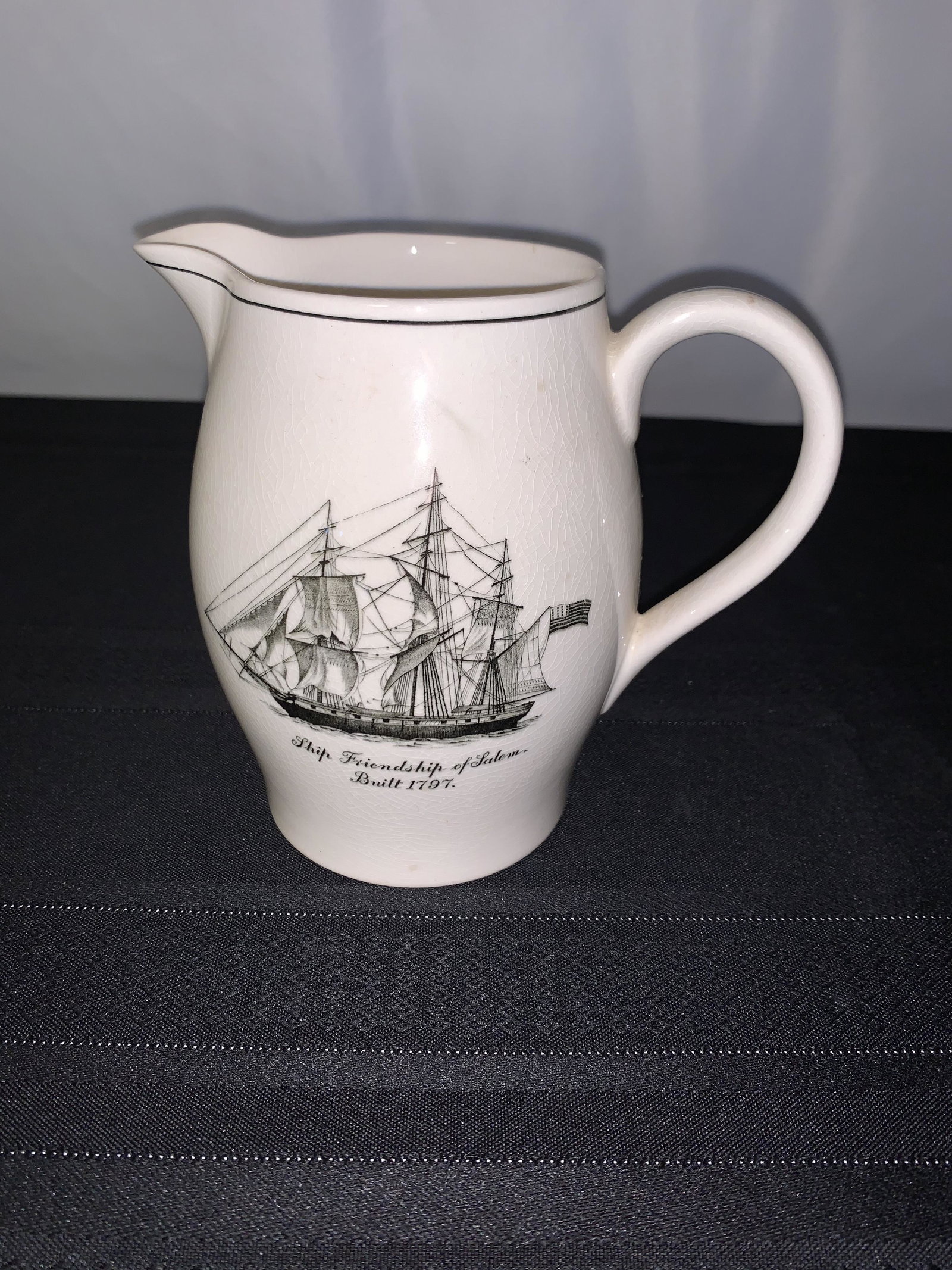 Spode England Pitcher: Spode ''Ship Friendship of England'' Ship Motif, 5.5''tall