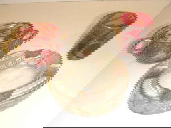 3pcs Of Sterling Overlay: 3 art glass pieces with sterling silver overlay, including ruby swirl double small tea cup (crack near handle), clear glass 3" ash tray and a ruby shot glass...note crack. nice display art glass lot.