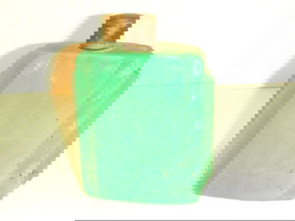 French Deco Jadite Perfume Bottle: French deco jadite perfume bottle with brass cao. Approx 4" and in good condition. Marked Paris france on bottom. ca 1910-1920