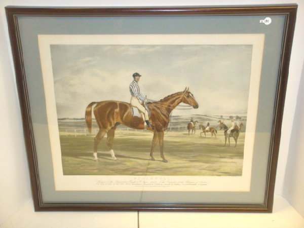 Bay Middleton Horse and Jockey Print: Derby jockey print from E. Duncan original engraver and printed by c. Hancock. Condition is good in modern era frame, Approx 19" x 22".