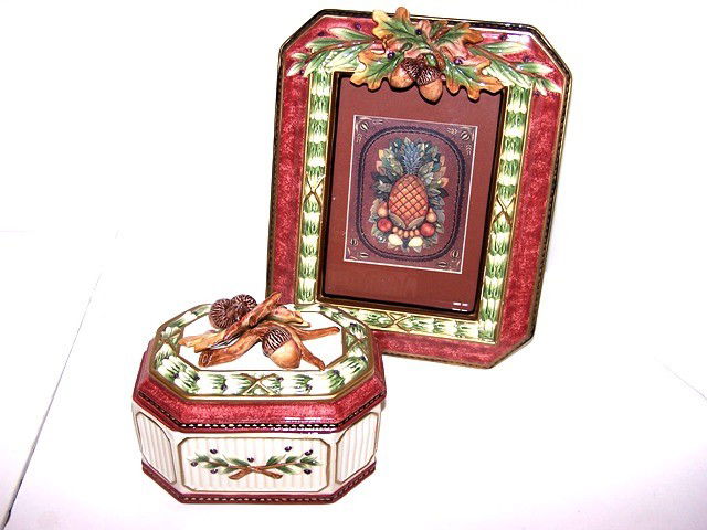 Fitz and Floyd Picture Frame and Dish: Acorn top covered dish approx 6.5" and a 11" frame. Recent vintage collection. Like new condition.