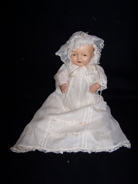 Vintage 17" Effanbee Doll: Male 17" composition doll with open mouth and motioned eye lids. Some paint loss and crazing.