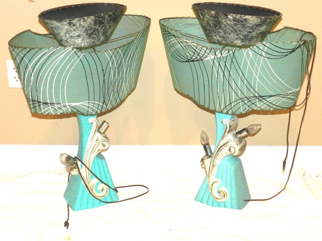 Pair of 1950's Retro Modern Lamps: Very unique in the teal green color with black and white string design retro lamps. Circa 1950's modern. Working and in good condition. Approx 34" overall.
