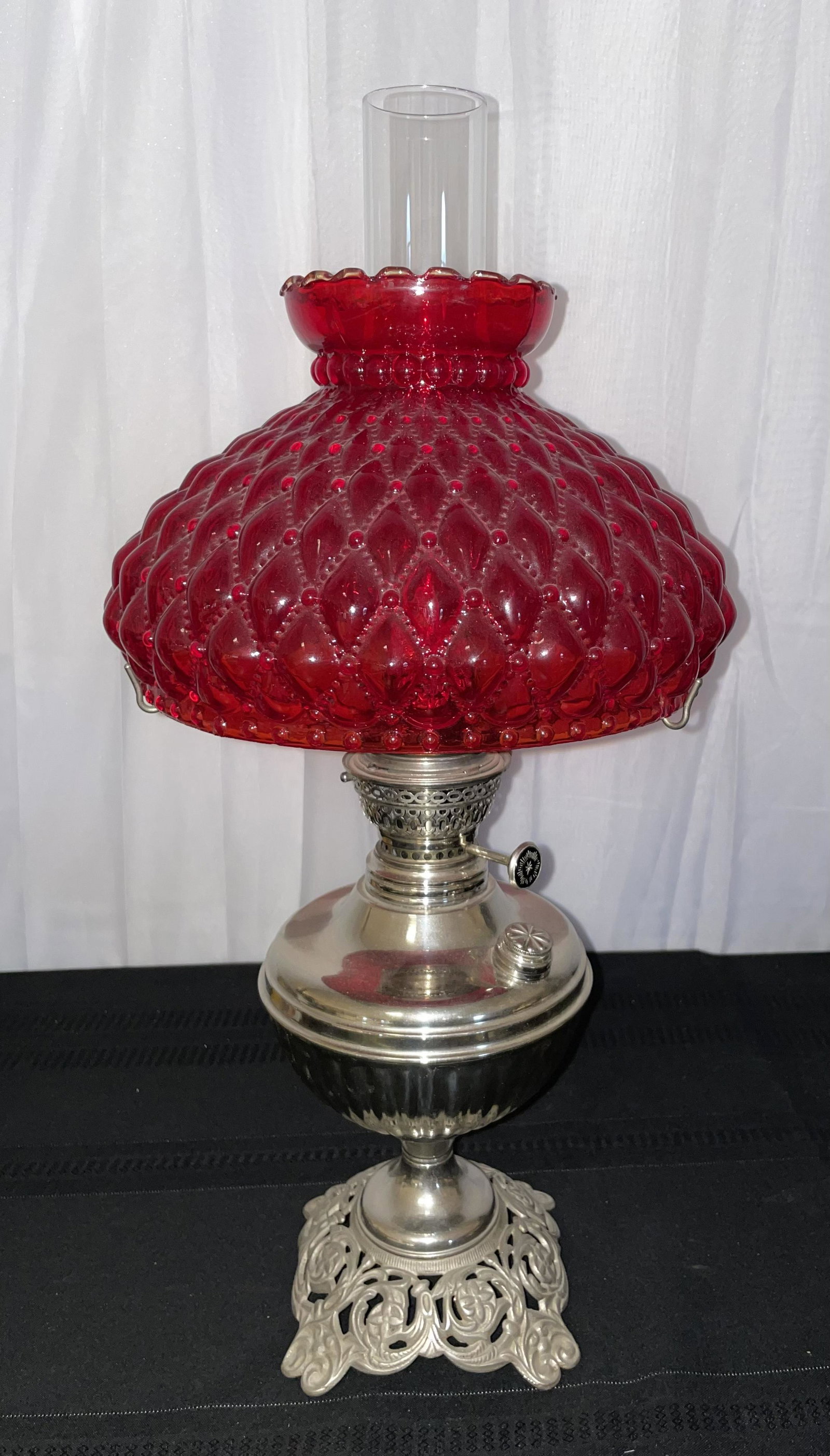 Germany Oil Lamp with Red Tufted Shade: Germany Oil Lamp with Red Tufted Shade, good condition