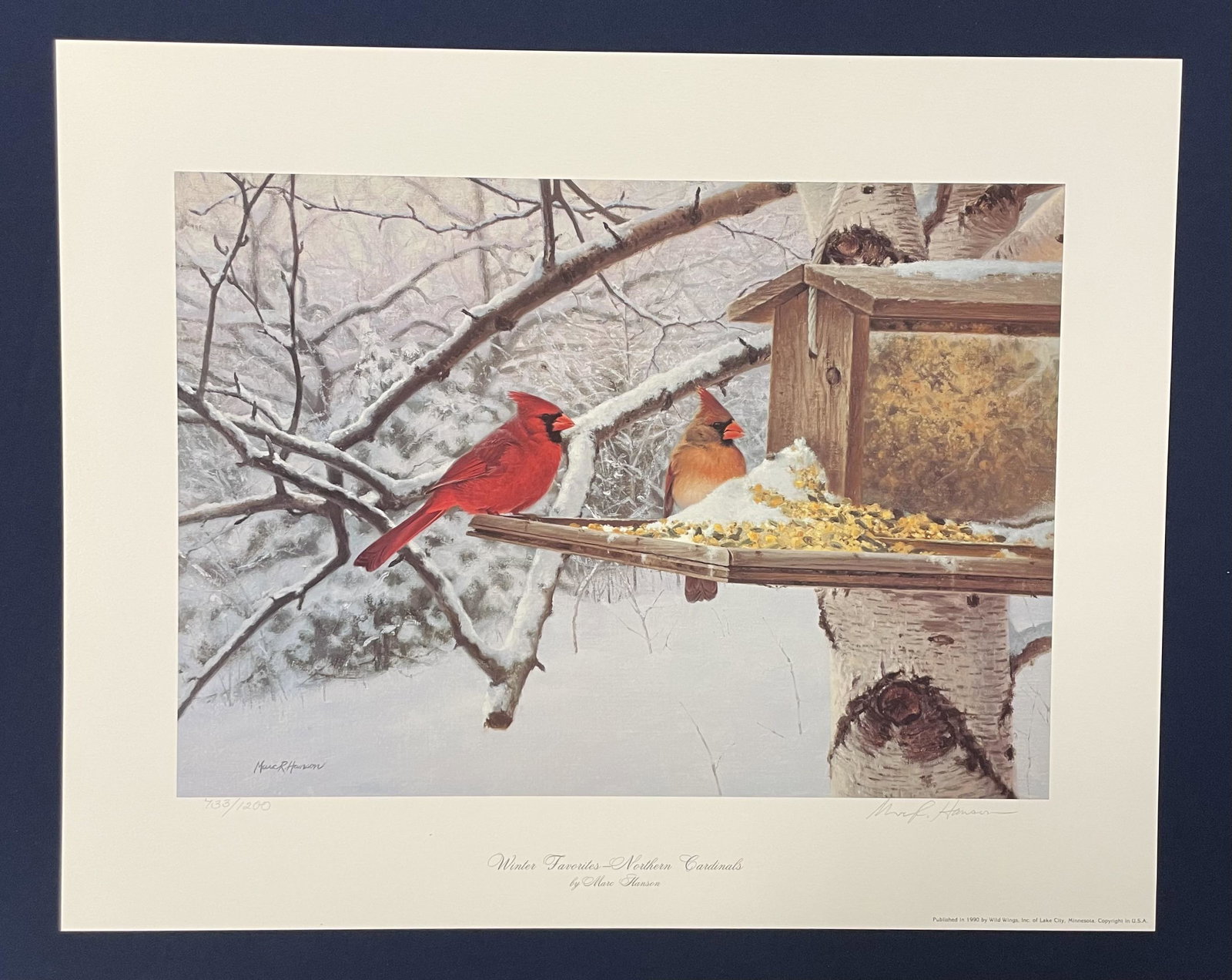 Marc Hanson, ''Winter Favorites-Northern Cardinals'', 733/1200: Marc Hanson, ''Winter Favorites-Northern Cardinals'', 733/1200, approx 19.5x24.5, Certificate