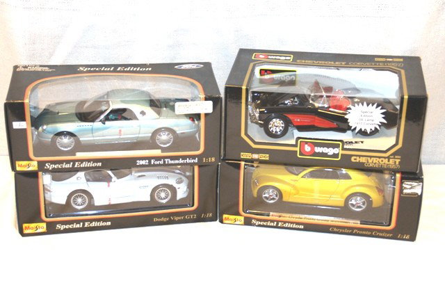 3 Maisto 1:18 Scale and Burango 1957 Corvette: All new in original boxes.
