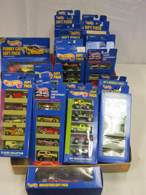 Large lot of Hot wheels: 21 five car gift packs and 2 funny car packs.