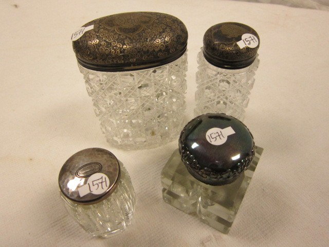 3 Sterling Lidded Jars and Ink Bottle: 2 That match and others. Good condition.