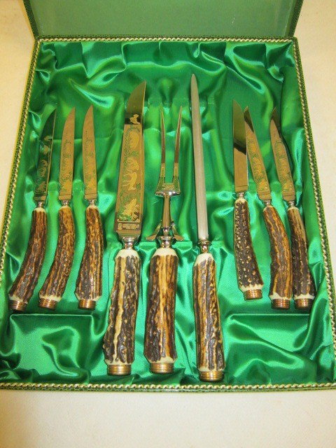 Anton Wingen Horn Handle Carving Set: never used, original box. Germany.
